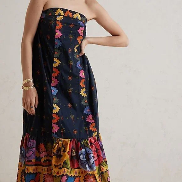 Farm Rio Anthropologie L NWT Embroidered Maxi Dress Black Embroidery 260$ Large - Picture 12 of 13